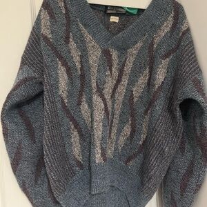 Paul fourticq Blue and Gray Patterned V-Neck Sweater